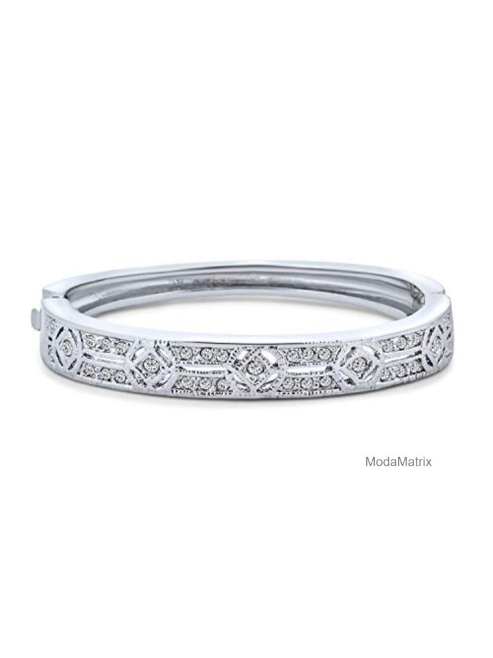 Art Deco CZ Filigree Bangle Bracelet Rhodium Plated Brass Bridal Jewelry